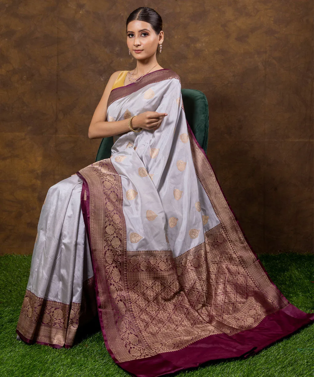 Grey silk purple handwoven banarasi saree