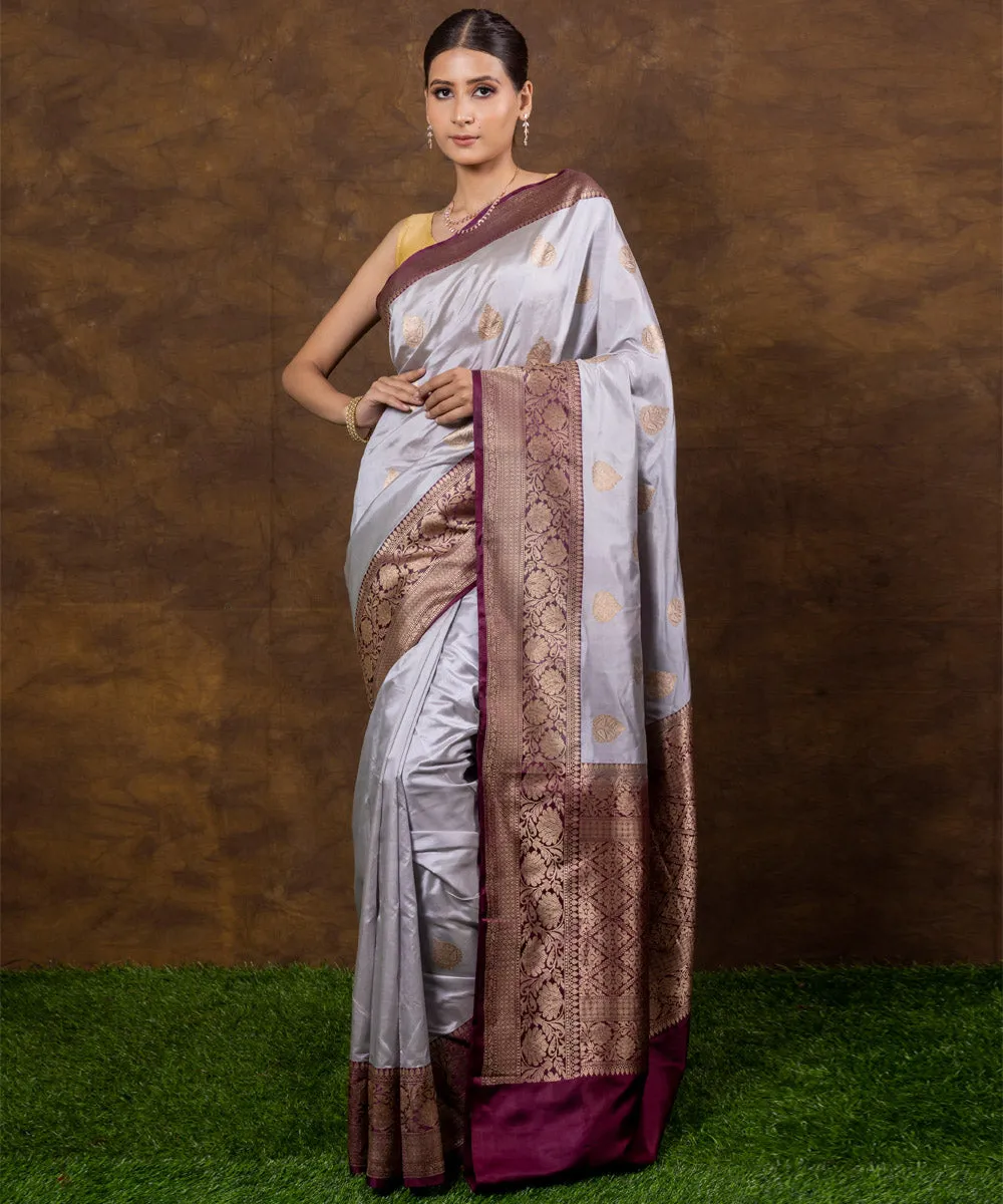 Grey silk purple handwoven banarasi saree