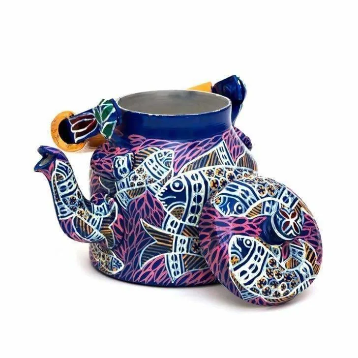 Hand Painted Blue Fish Design Tea Pot in Aluminum