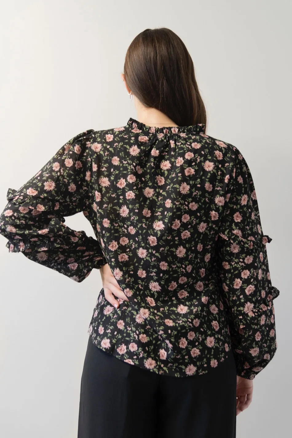 Happily Ever After Black   Pink Rose Frill LS Top