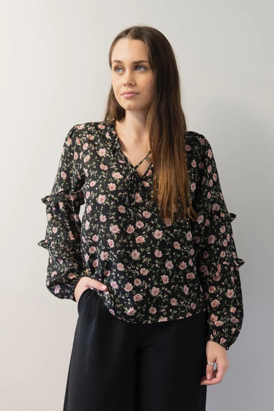 Happily Ever After Black   Pink Rose Frill LS Top