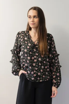 Happily Ever After Black   Pink Rose Frill LS Top