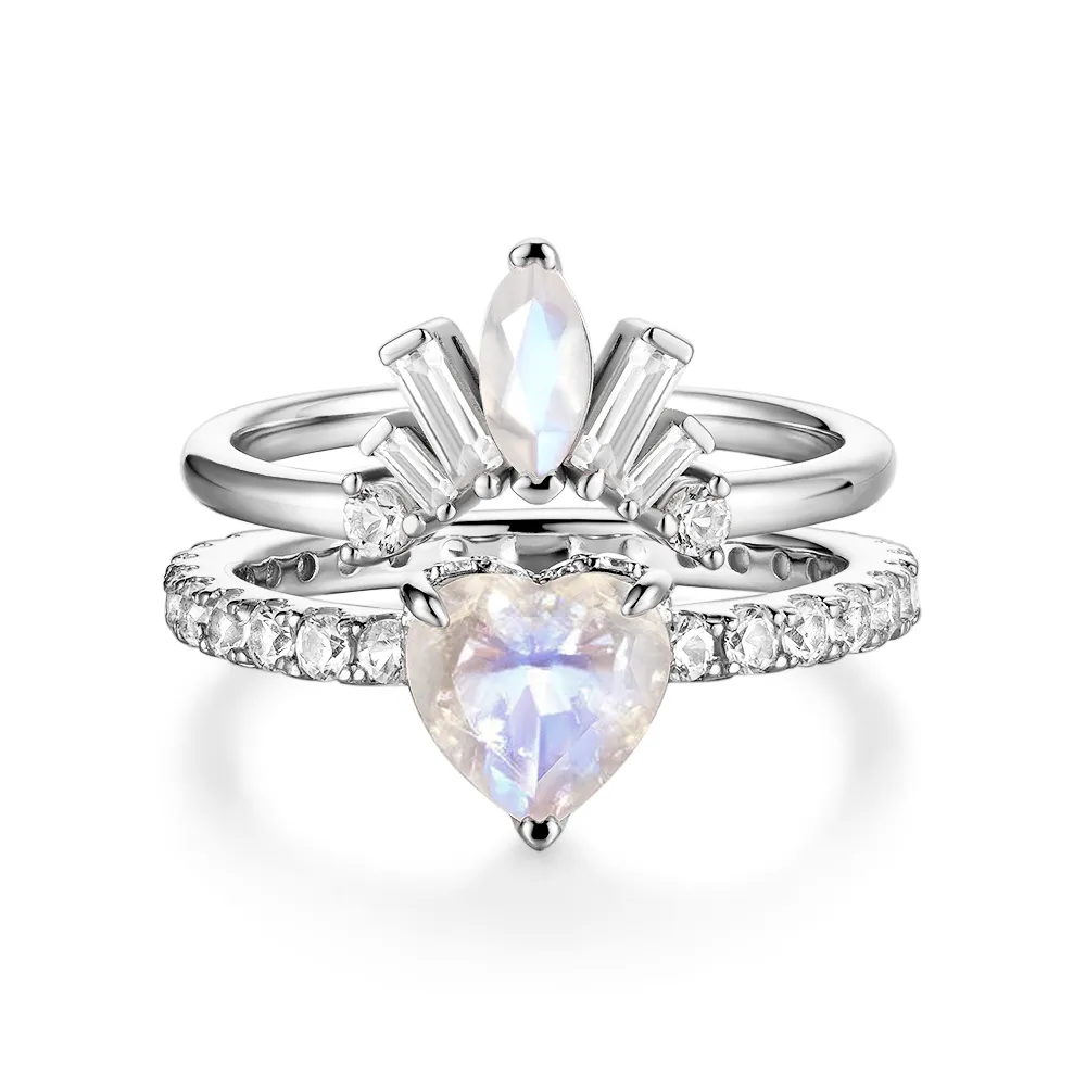 Heart-Shape Moonstone Ring And White Sapphire Ring Sets