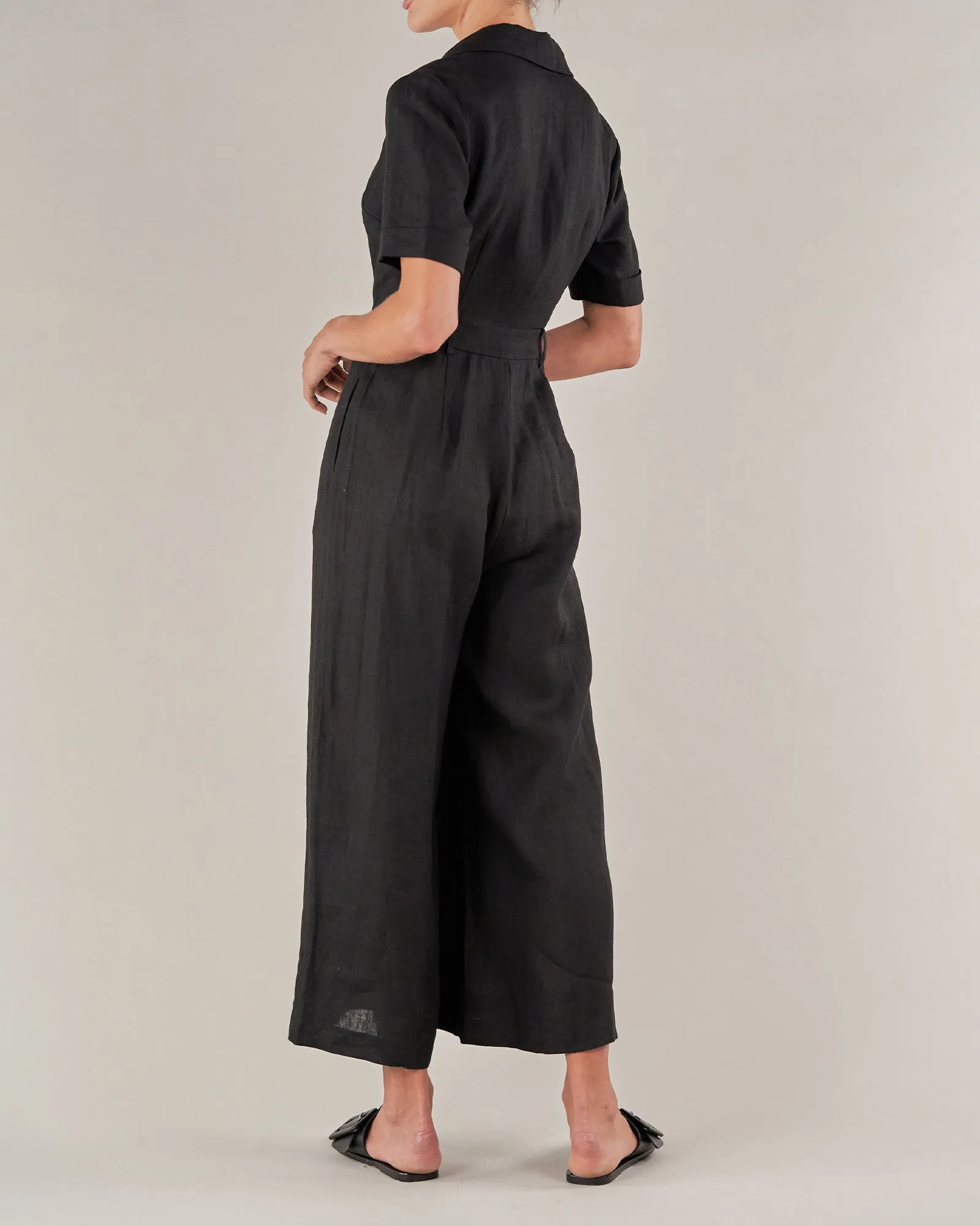 Ines Linen Tie Front Jumpsuit - Black