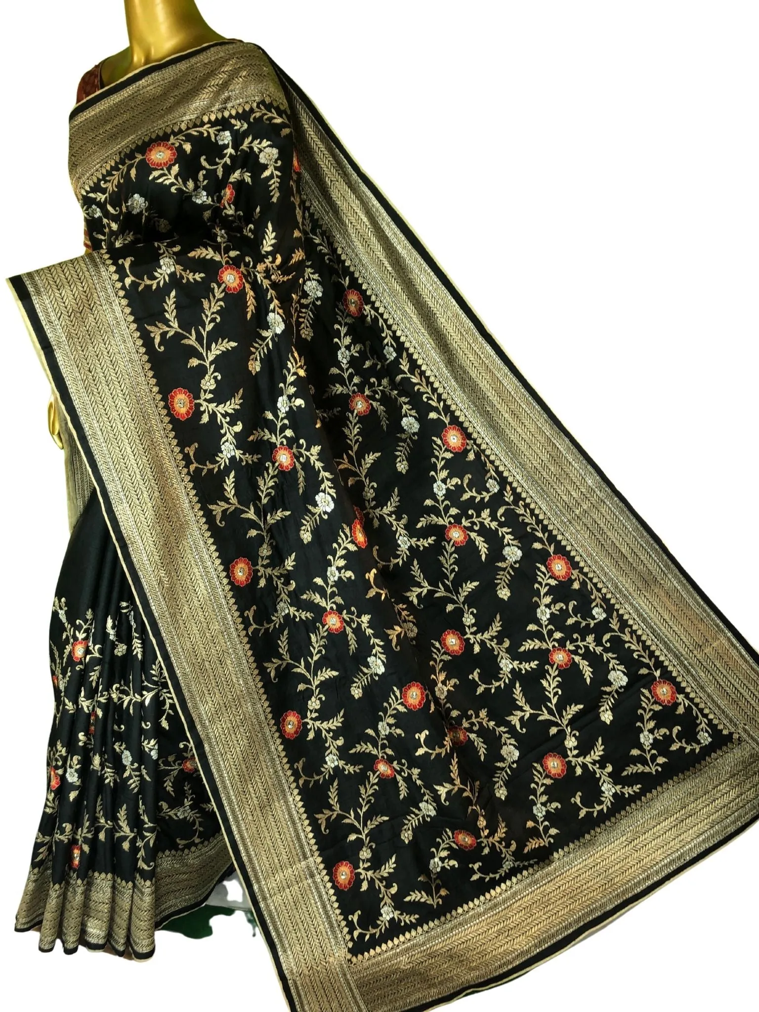 Jet Black Color Muga Tussar Silk Saree with Embroidery and Meenakari Zari Work