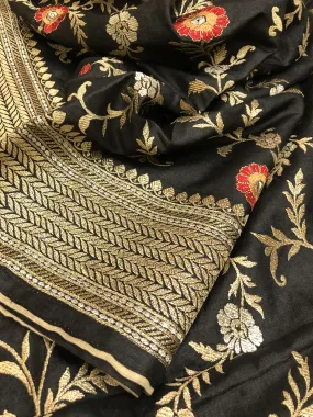 Jet Black Color Muga Tussar Silk Saree with Embroidery and Meenakari Zari Work