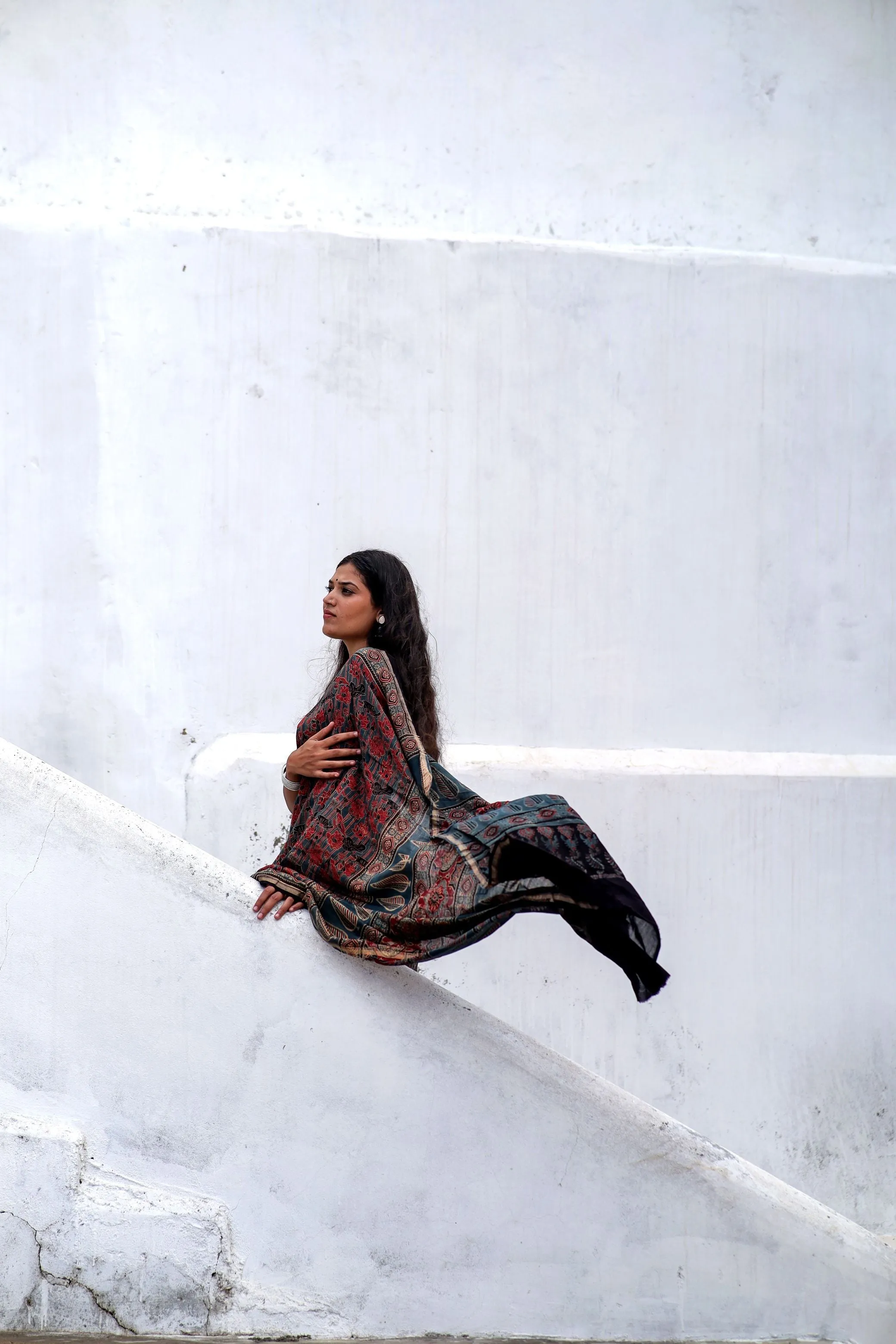 Jharokha -Indigo red floral silk cotton Ajrakh handblockprinted saree