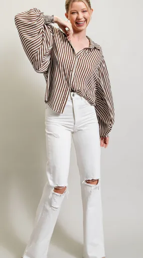 Joelle Bubble Sleeve Striped Blouse in Brown