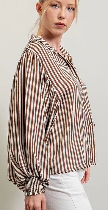 Joelle Bubble Sleeve Striped Blouse in Brown