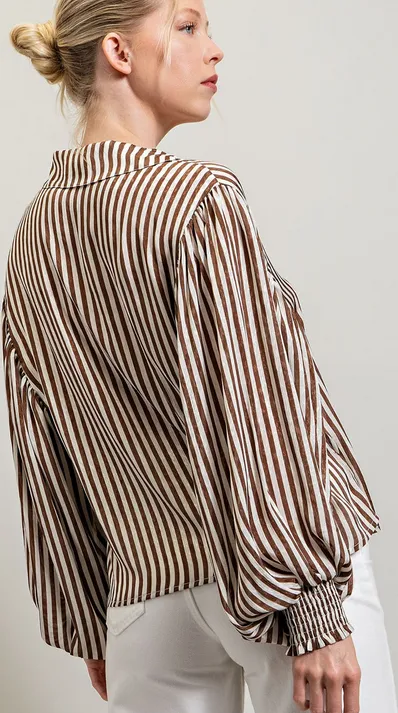 Joelle Bubble Sleeve Striped Blouse in Brown