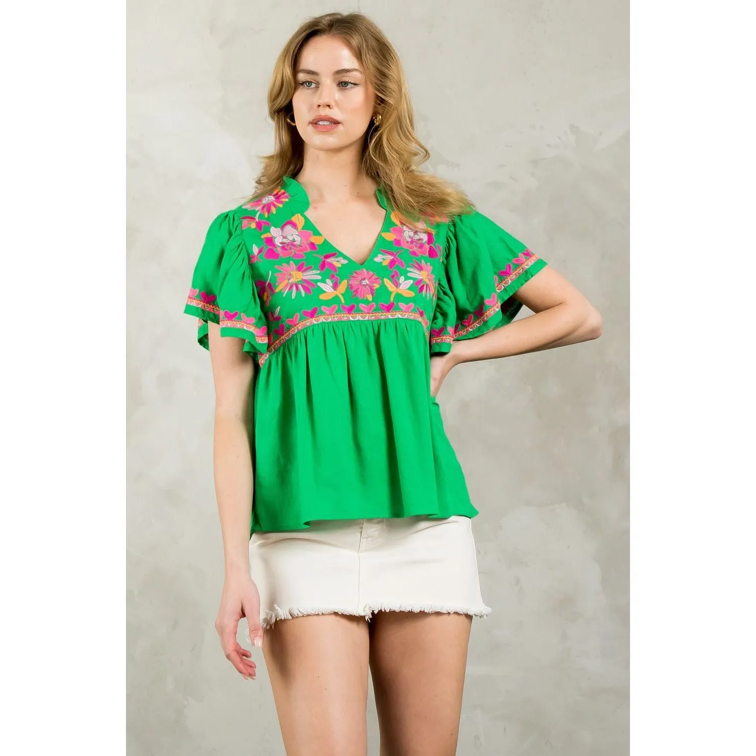 Kalynn Flutter Sleeve Embroidered Detail THML Top