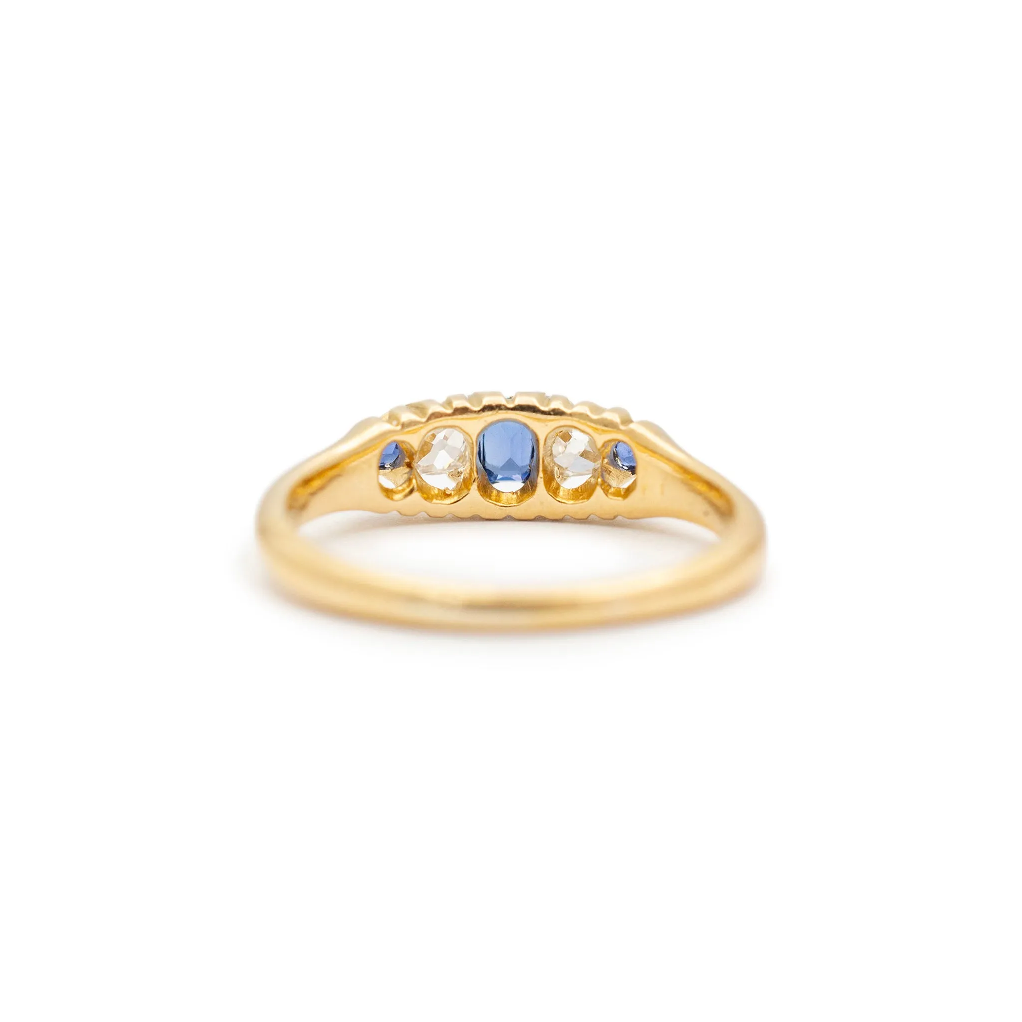 Ladies Antique 18K Yellow Gold Old European Diamond Sapphire Five Stone Cocktail Ring