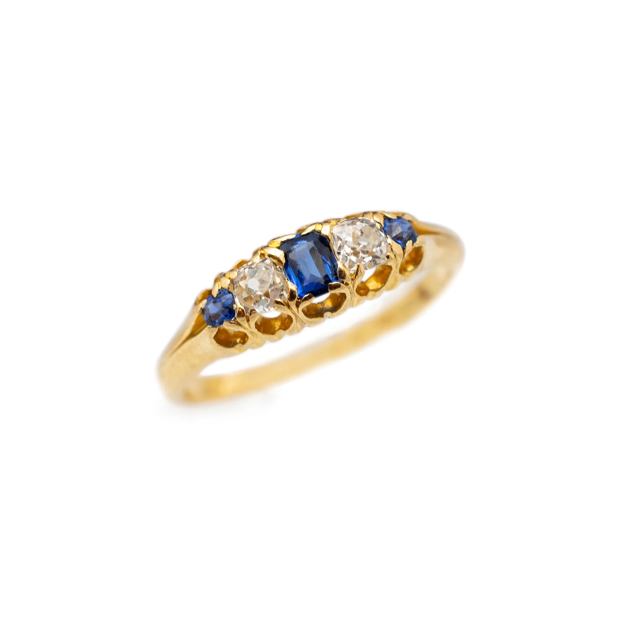 Ladies Antique 18K Yellow Gold Old European Diamond Sapphire Five Stone Cocktail Ring