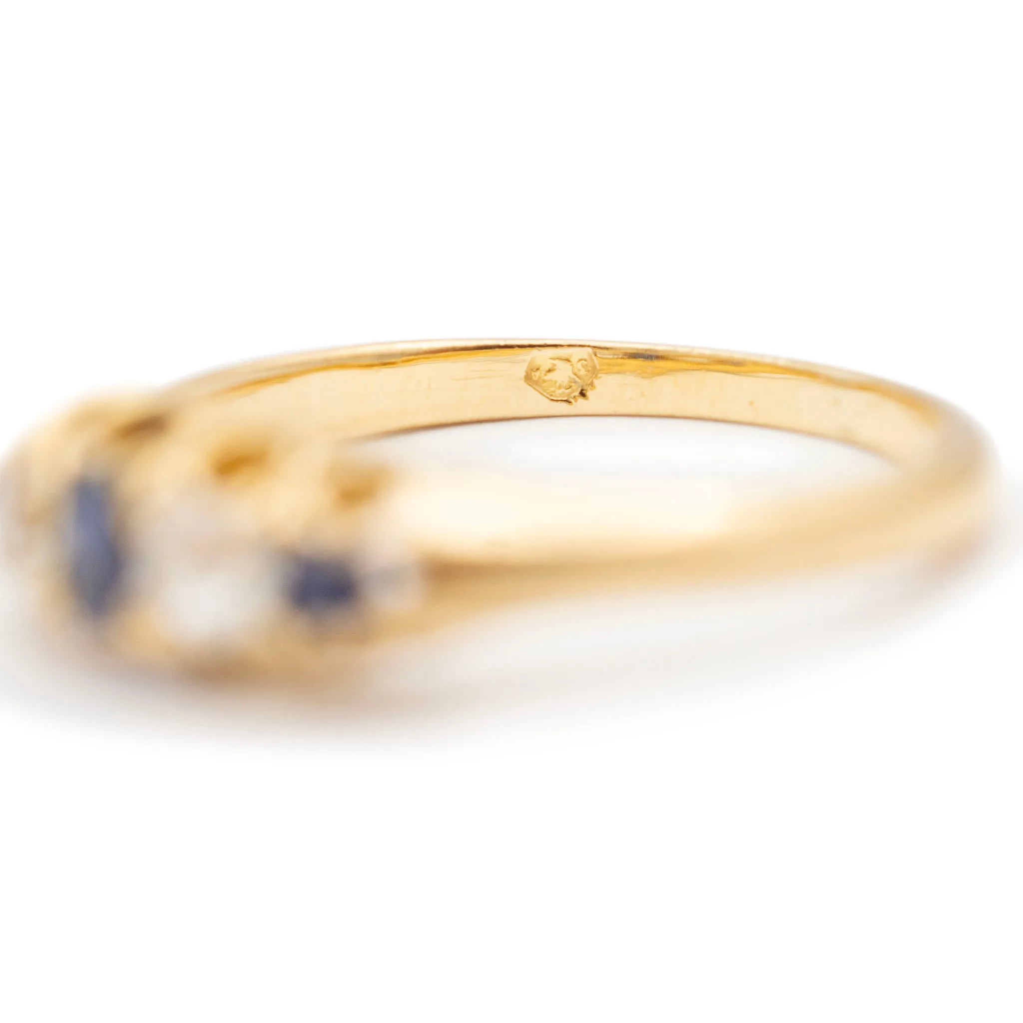 Ladies Antique 18K Yellow Gold Old European Diamond Sapphire Five Stone Cocktail Ring