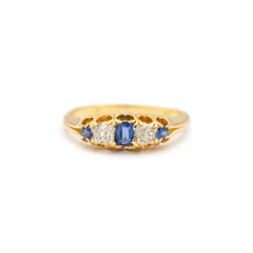 Ladies Antique 18K Yellow Gold Old European Diamond Sapphire Five Stone Cocktail Ring