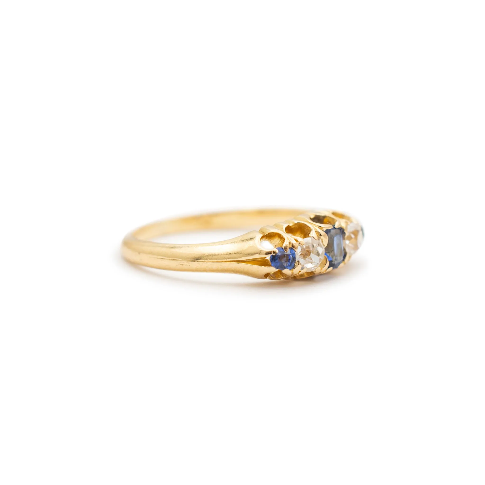 Ladies Antique 18K Yellow Gold Old European Diamond Sapphire Five Stone Cocktail Ring