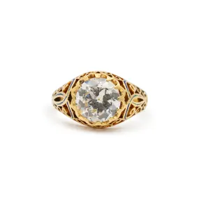 Ladies Antique Victorian 18K Yellow Gold GIA 2.03CT Old European Filigreed Enamel Engagement Ring