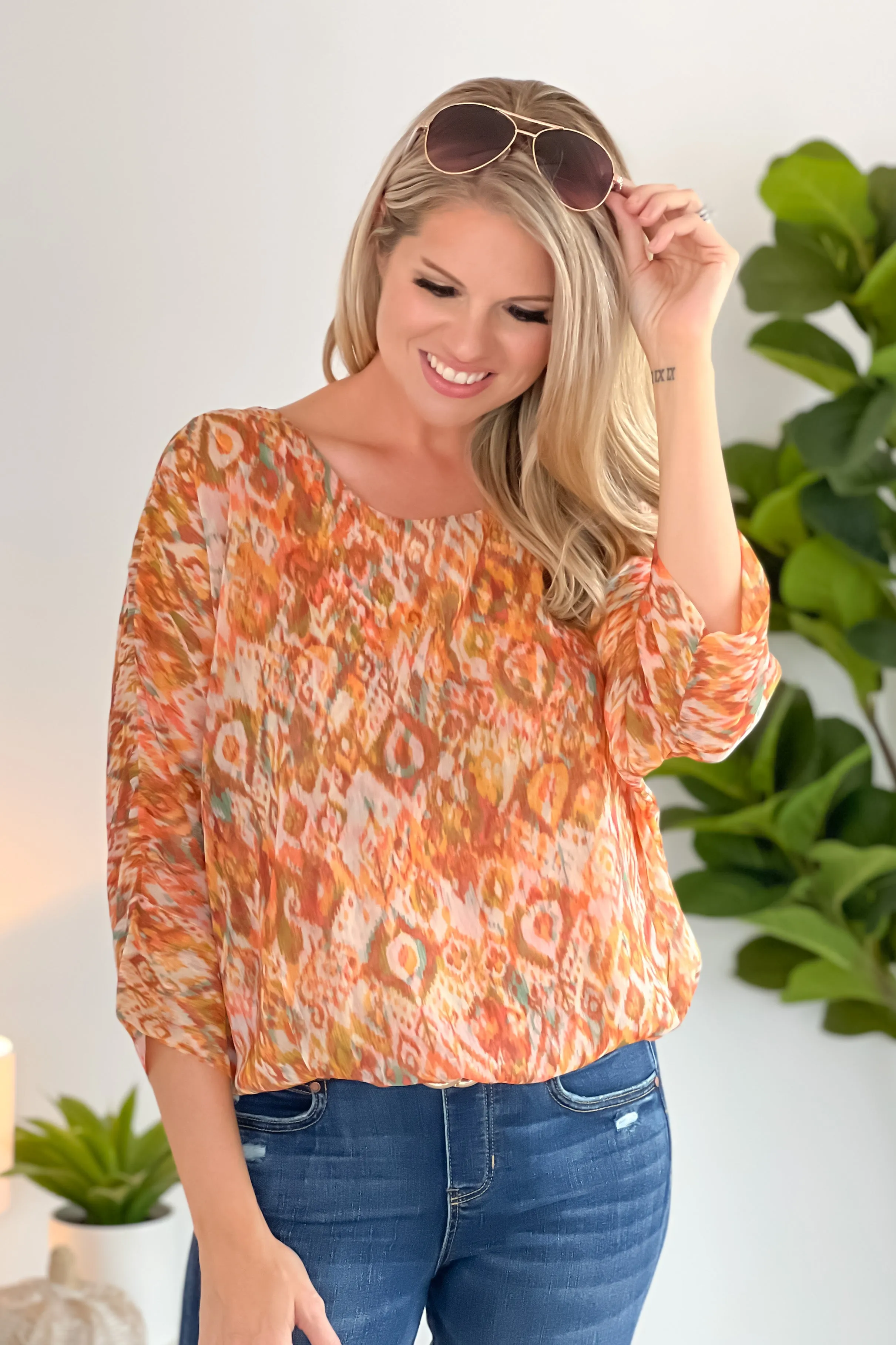 Liverpool Kaleidoscope Dolman Bubble Hem Blouse : Coral/Multi