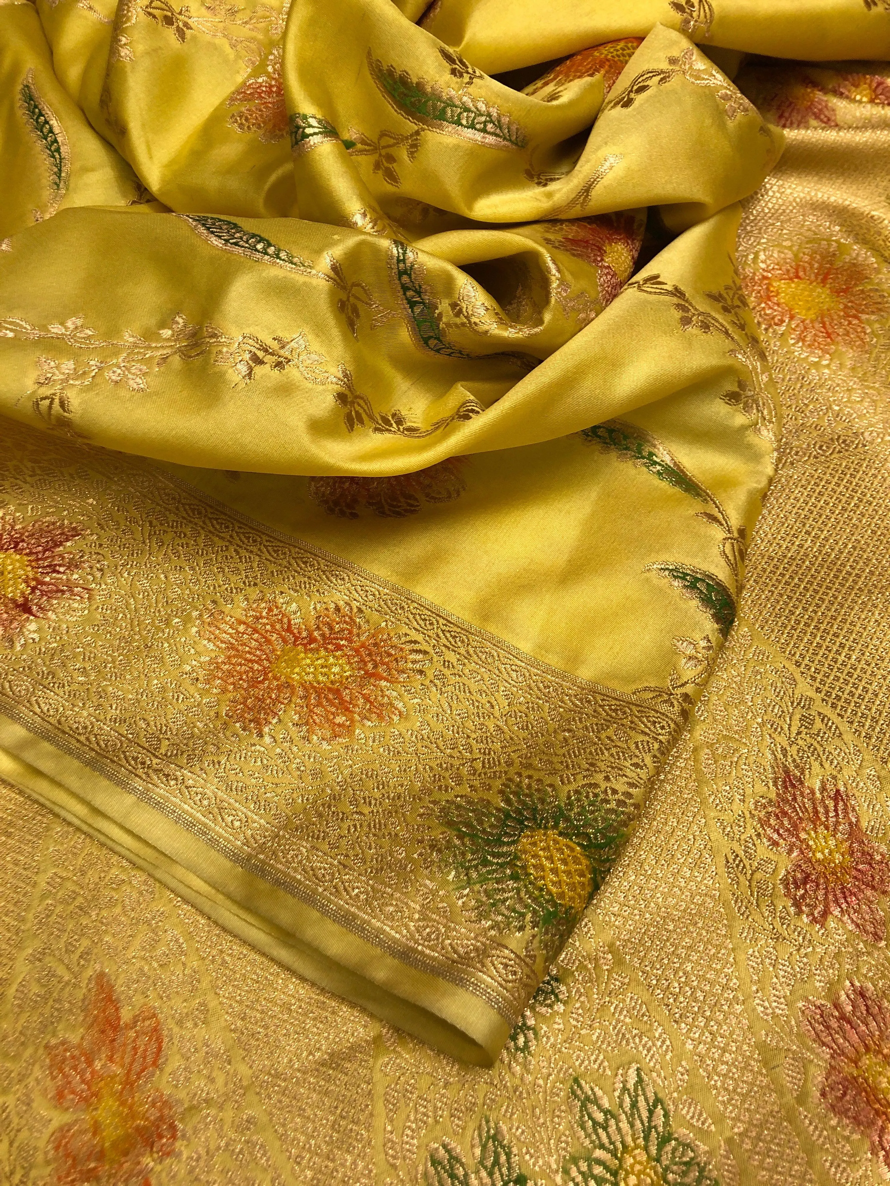 Maize Yellow Color Muga Banarasi Silk Saree