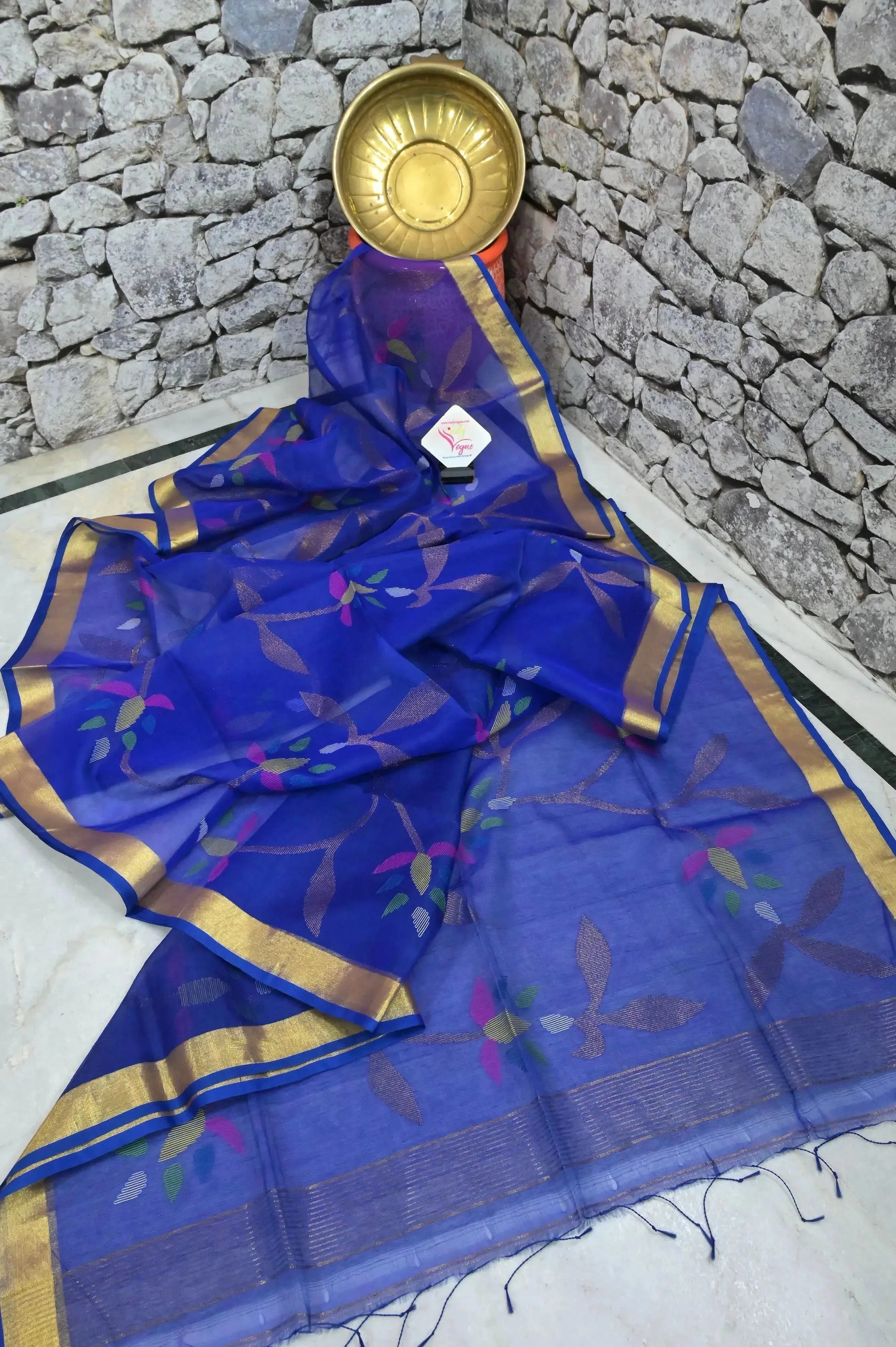 Midnight Blue Color Muslin Jamdani Saree with Allover Jamdani Work