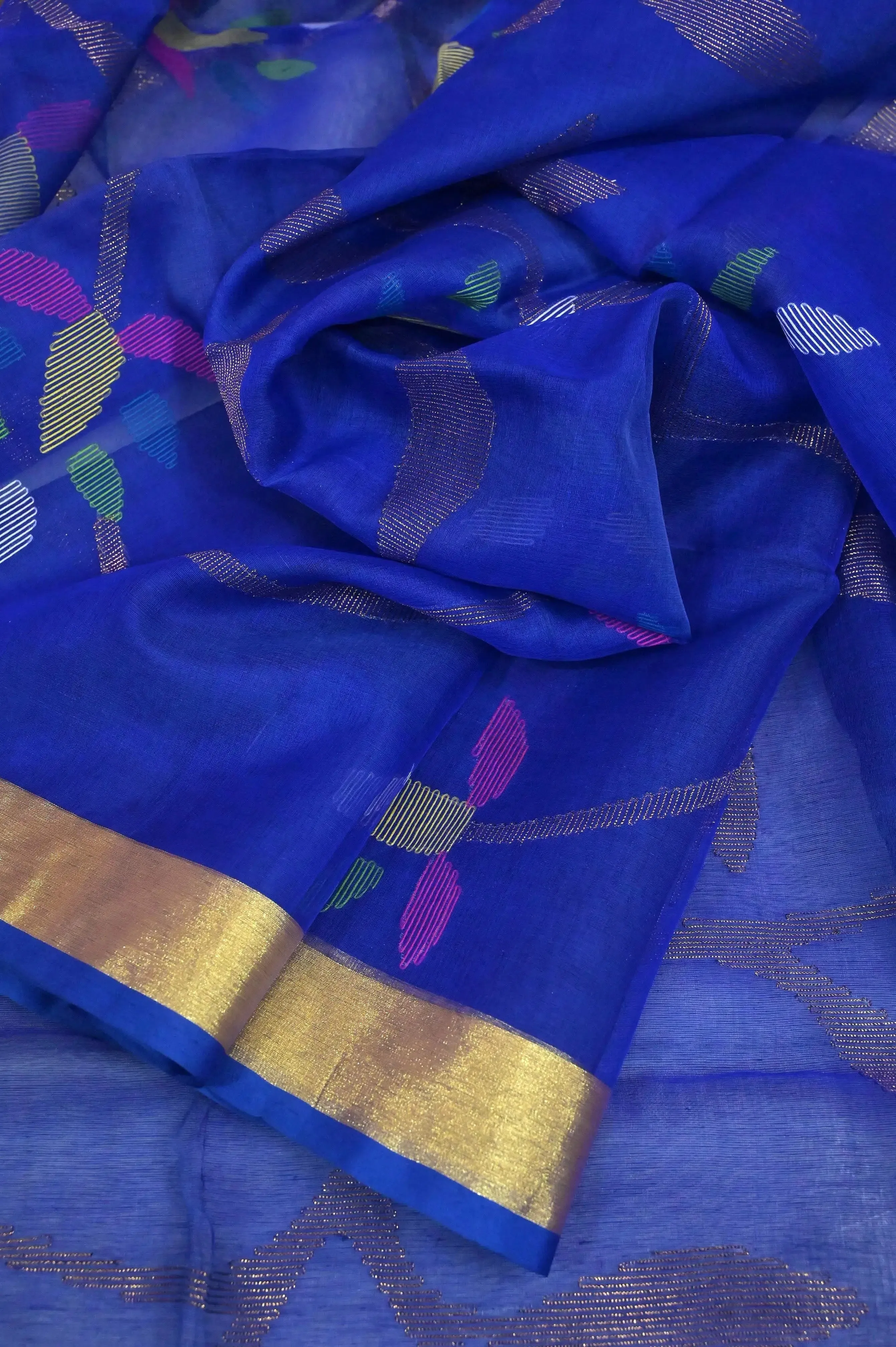 Midnight Blue Color Muslin Jamdani Saree with Allover Jamdani Work