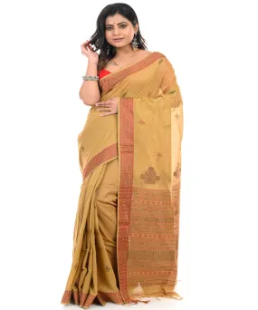 Mustard handwoven cotton shantipuri saree