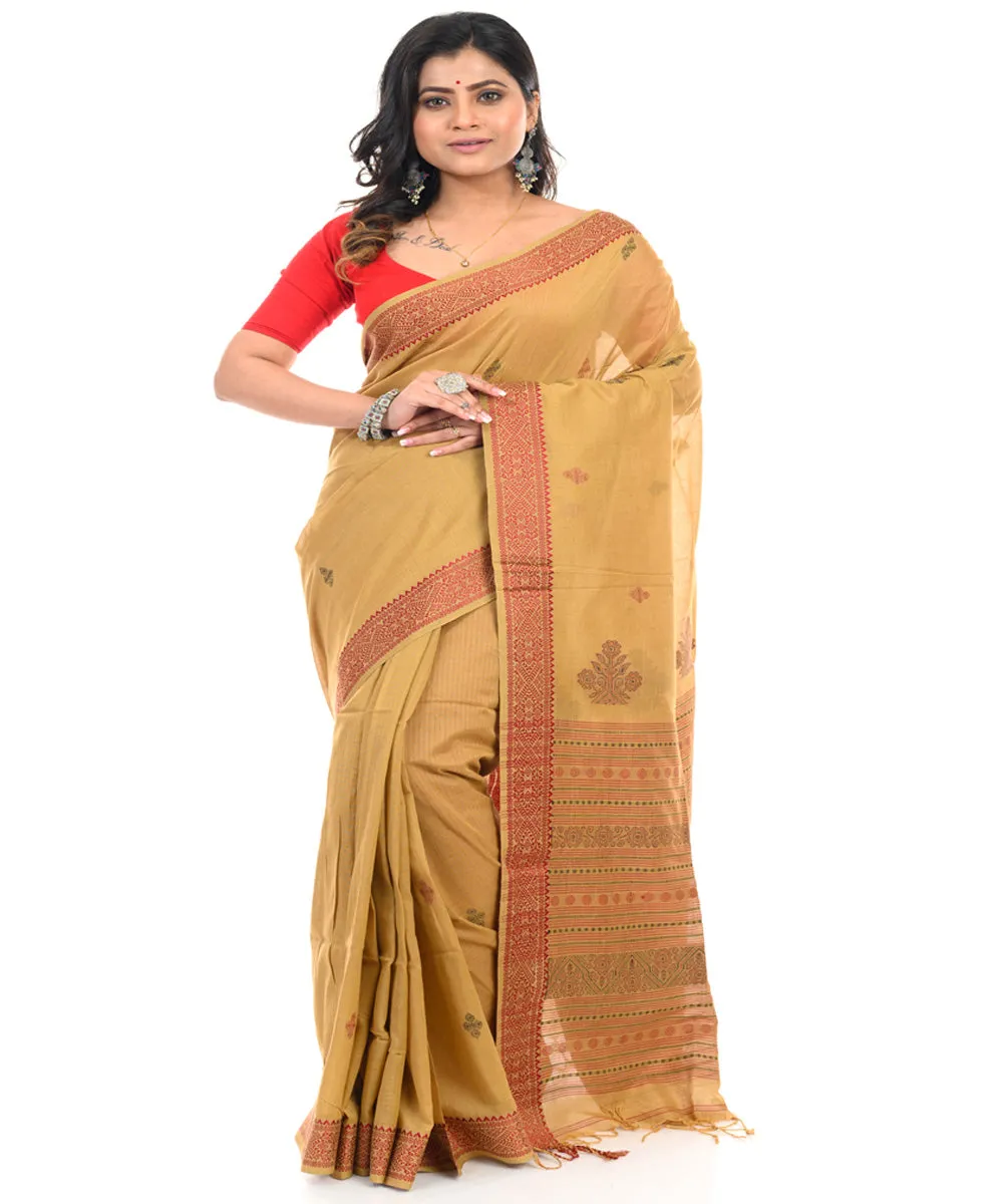 Mustard handwoven cotton shantipuri saree