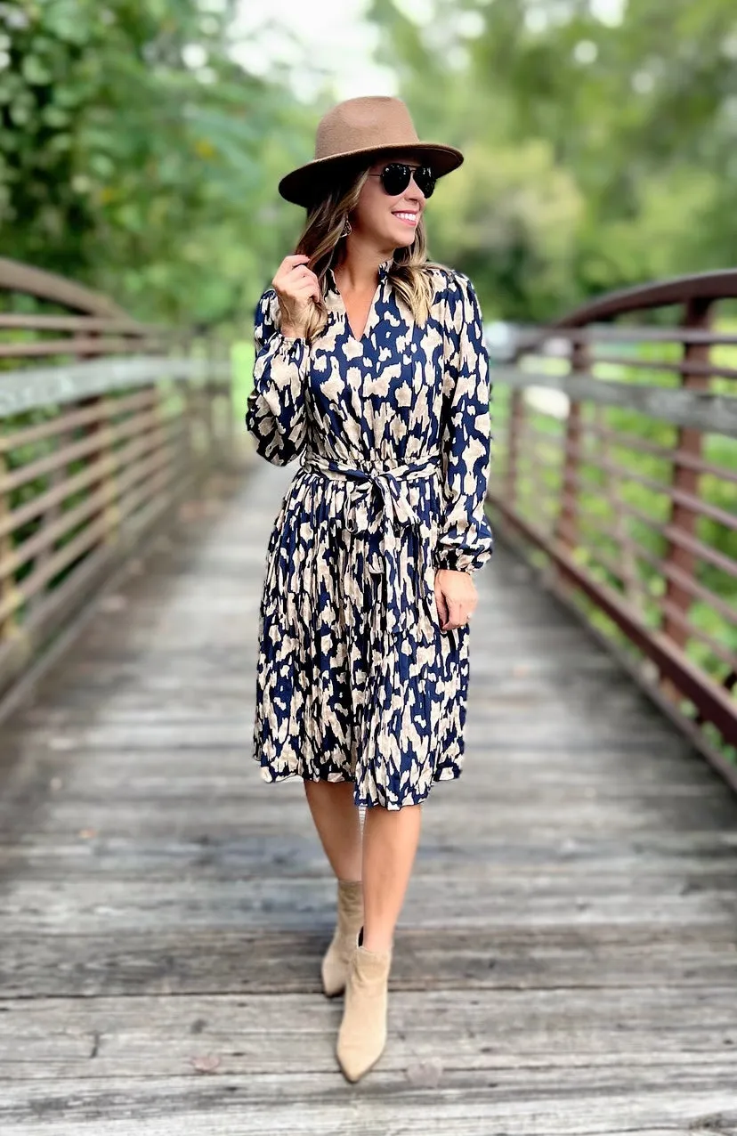 Navy V Neck Pleated Long Sleeve Dress with Belt and FREE EARRINGS!