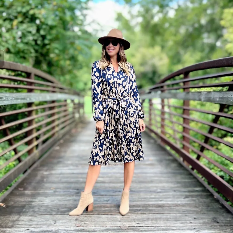 Navy V Neck Pleated Long Sleeve Dress with Belt and FREE EARRINGS!