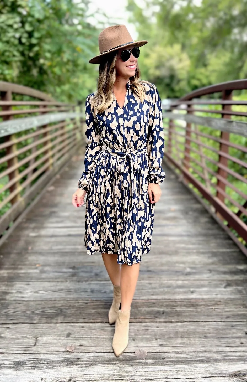 Navy V Neck Pleated Long Sleeve Dress with Belt and FREE EARRINGS!