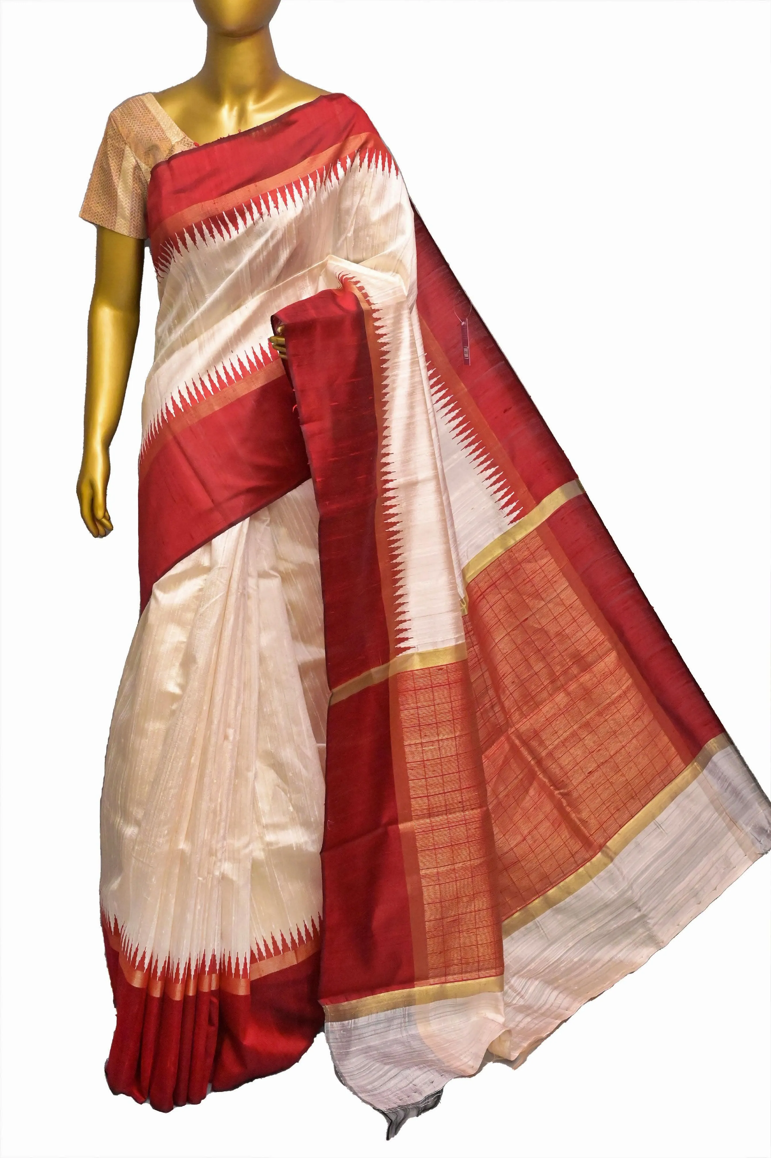 Offwhite and Brick Red Color Pure Raw Silk Saree with Temple Border