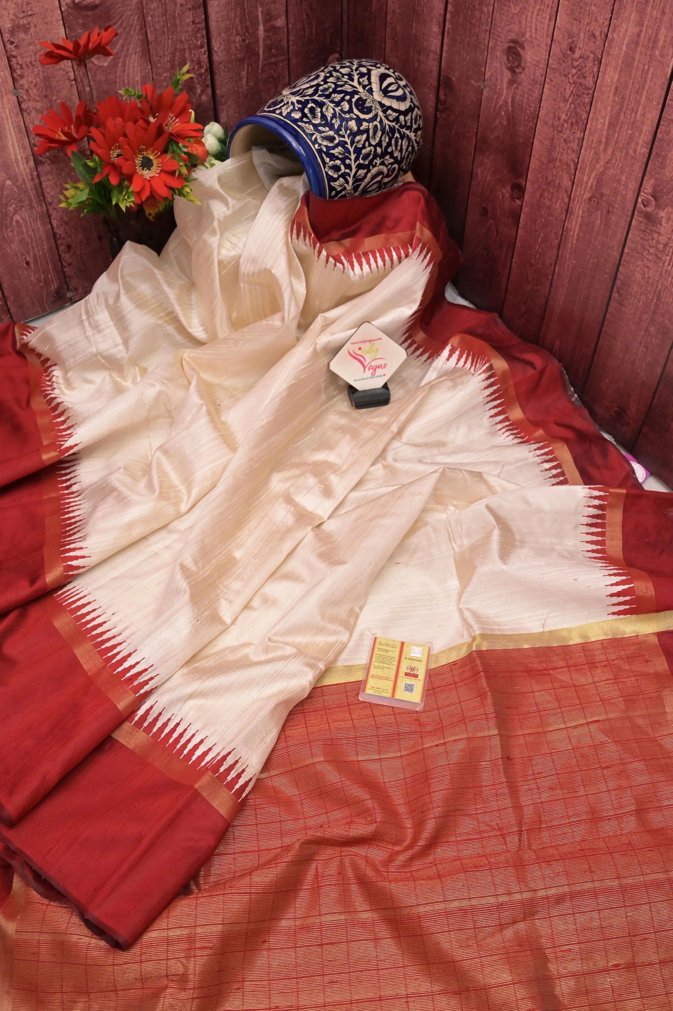 Offwhite and Brick Red Color Pure Raw Silk Saree with Temple Border