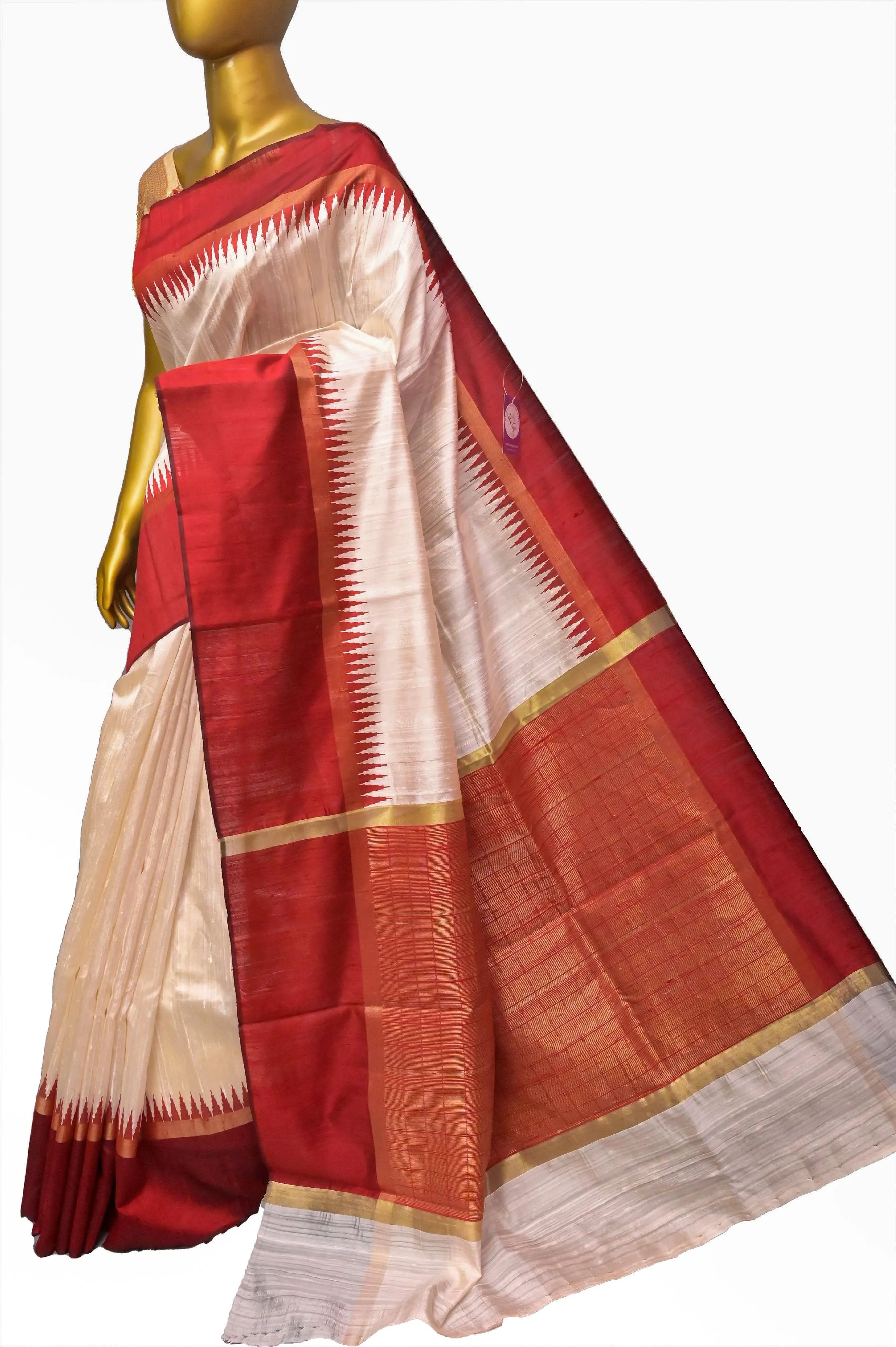 Offwhite and Brick Red Color Pure Raw Silk Saree with Temple Border