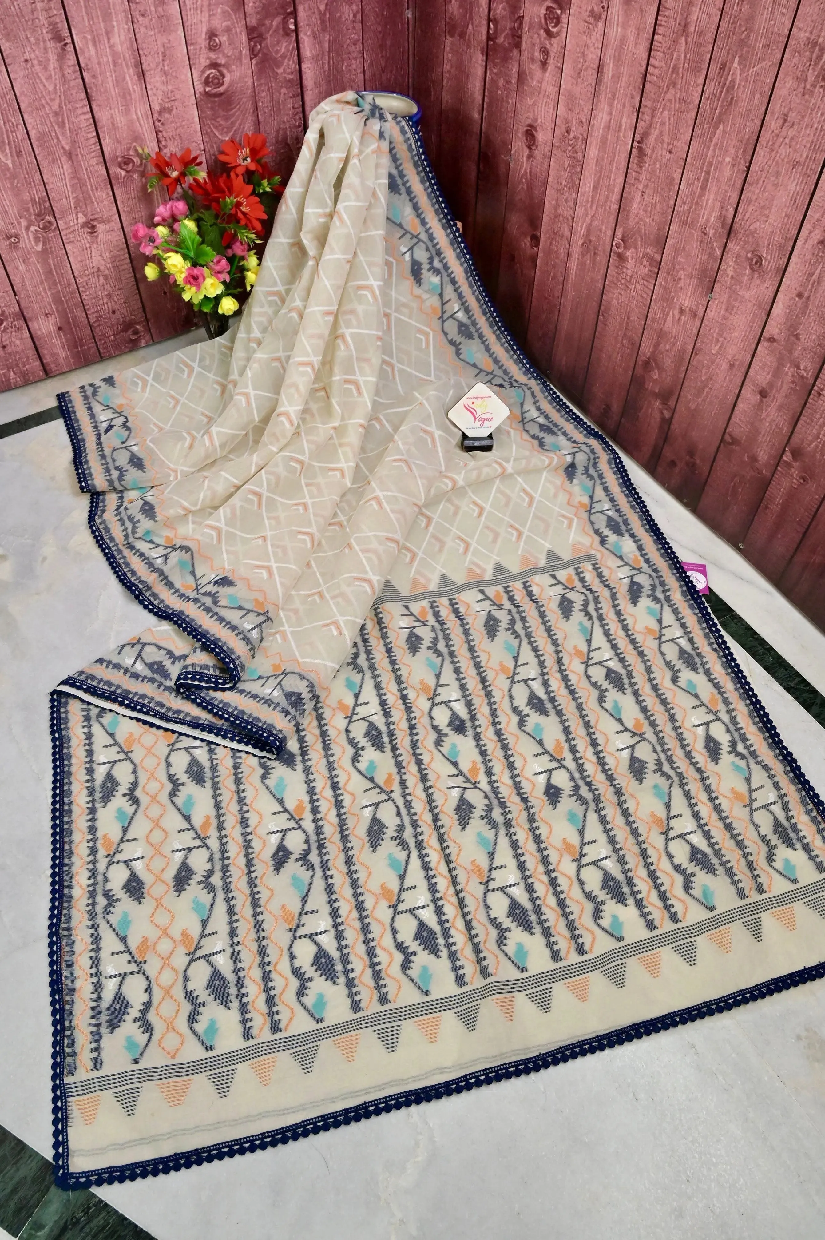 Offwhite and Navy Blue Color Jamdani Saree with Lace Work