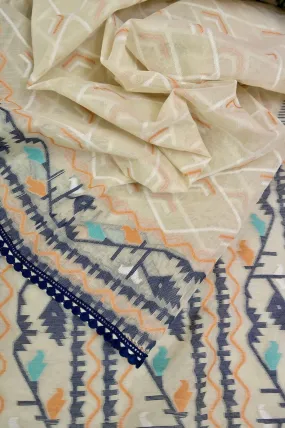 Offwhite and Navy Blue Color Jamdani Saree with Lace Work