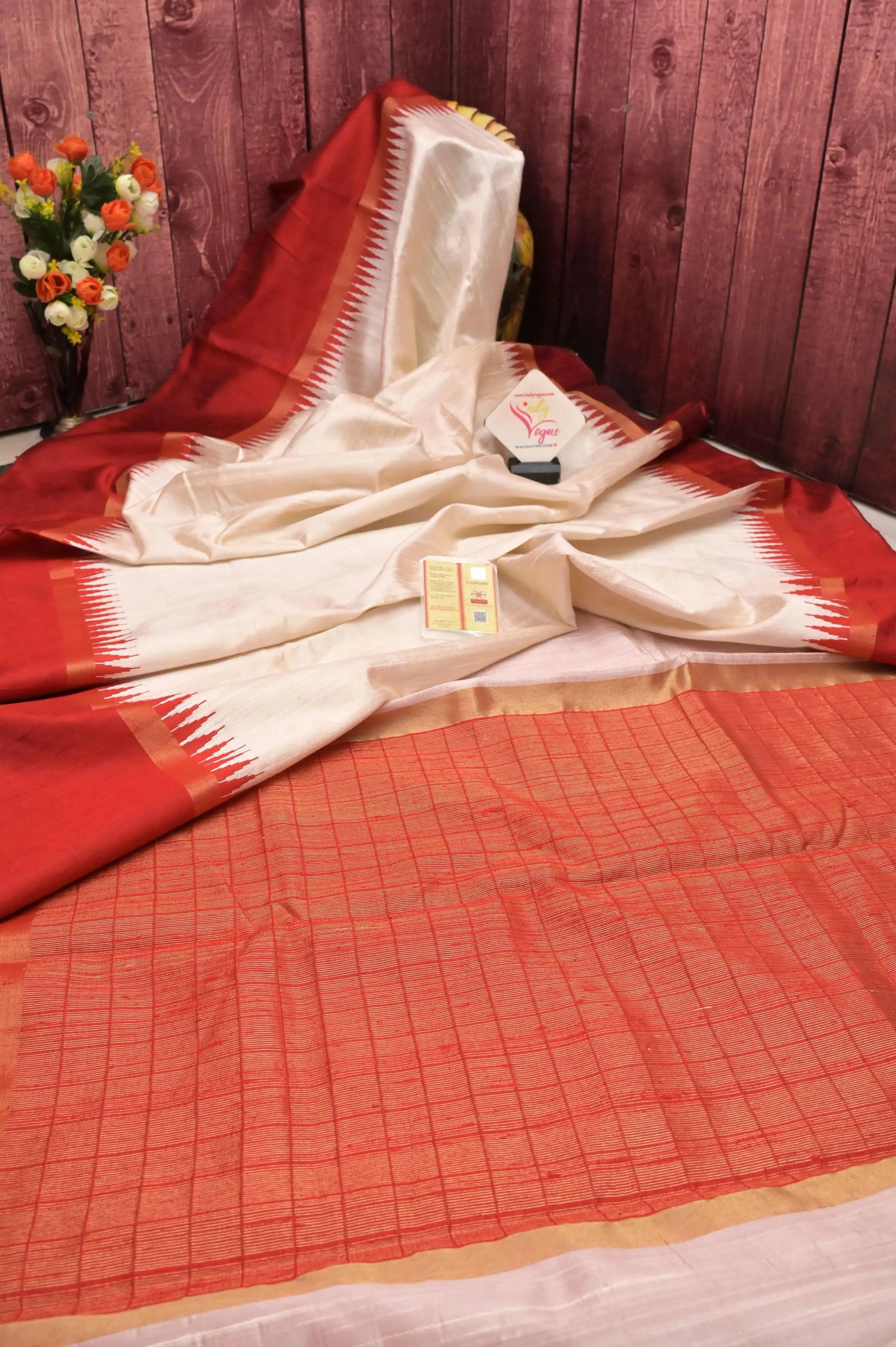 Offwhite and Red Color Pure Raw Silk Saree