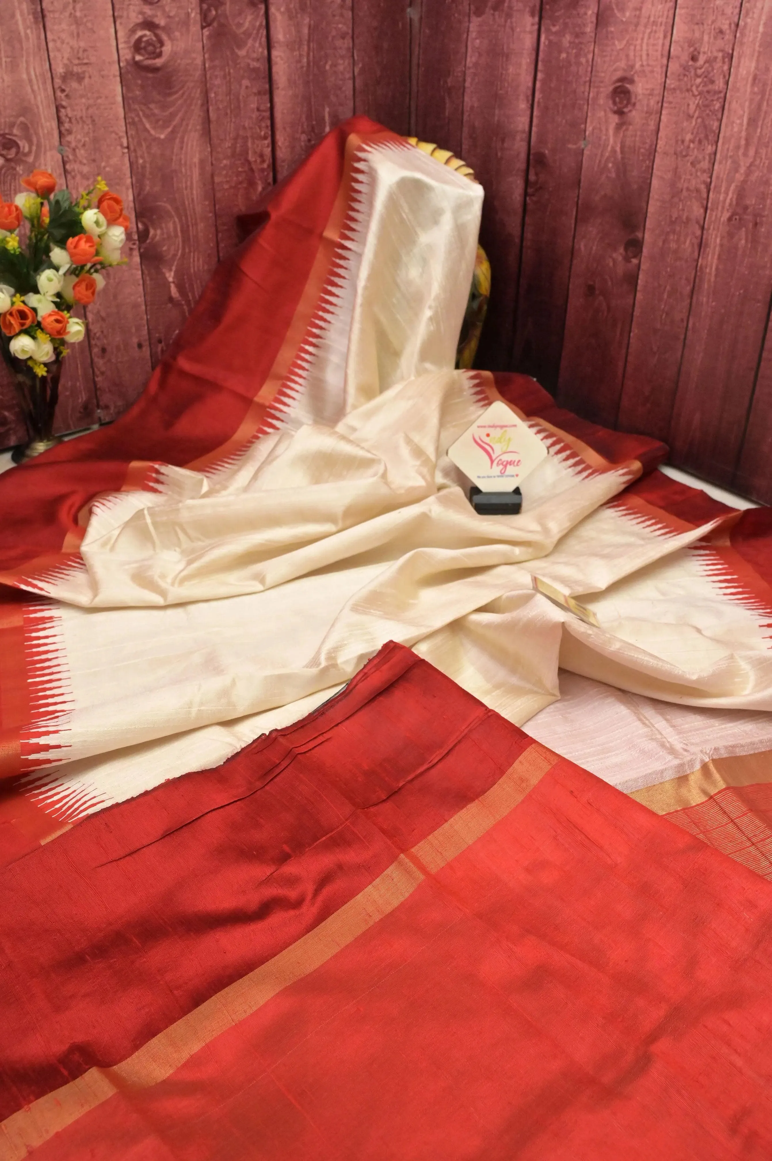 Offwhite and Red Color Pure Raw Silk Saree