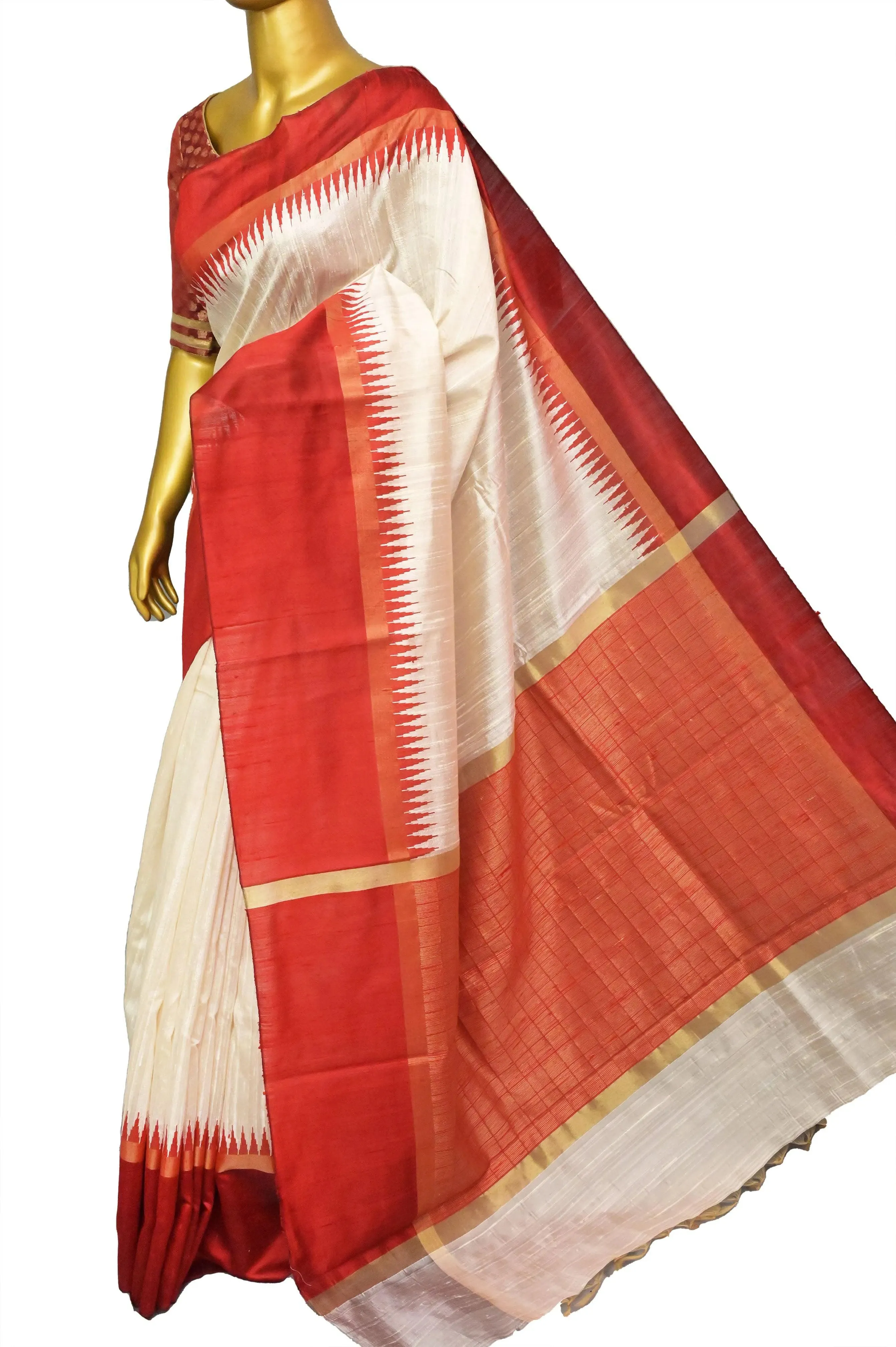 Offwhite and Red Color Pure Raw Silk Saree