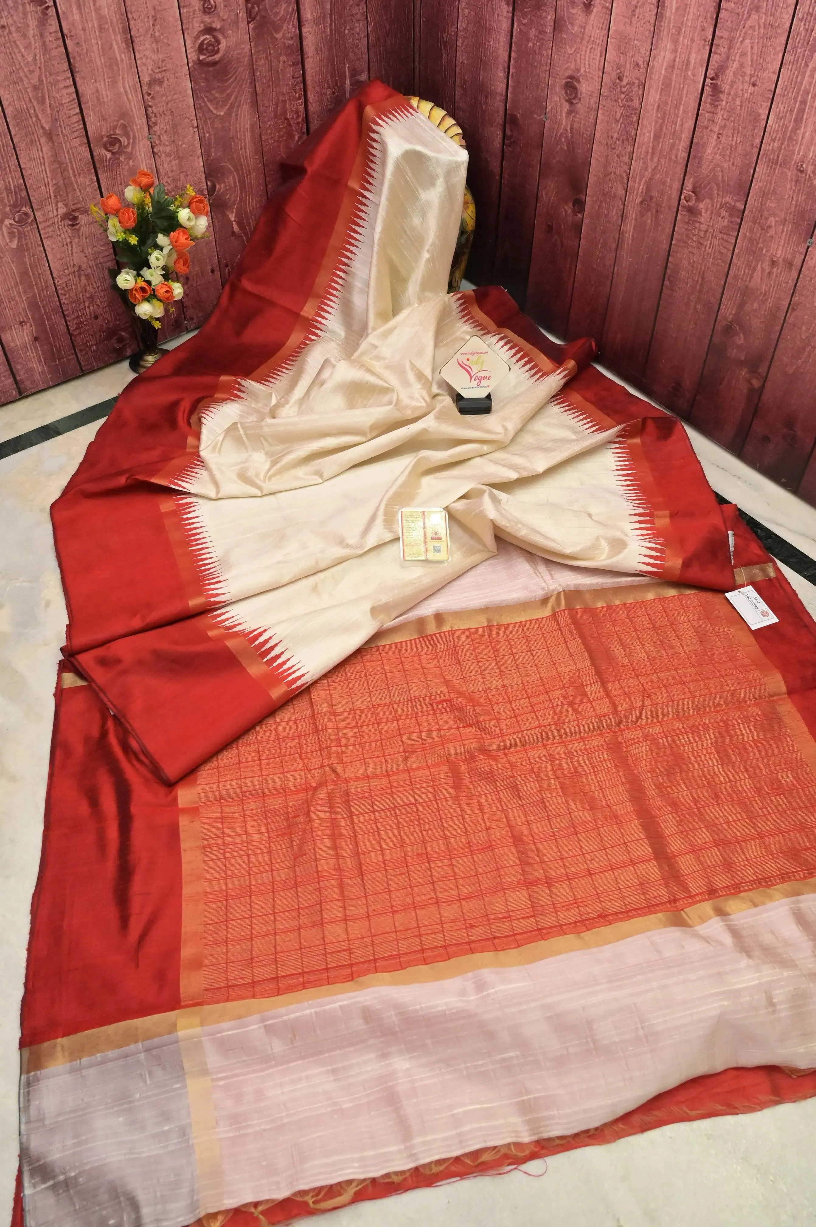 Offwhite and Red Color Pure Raw Silk Saree