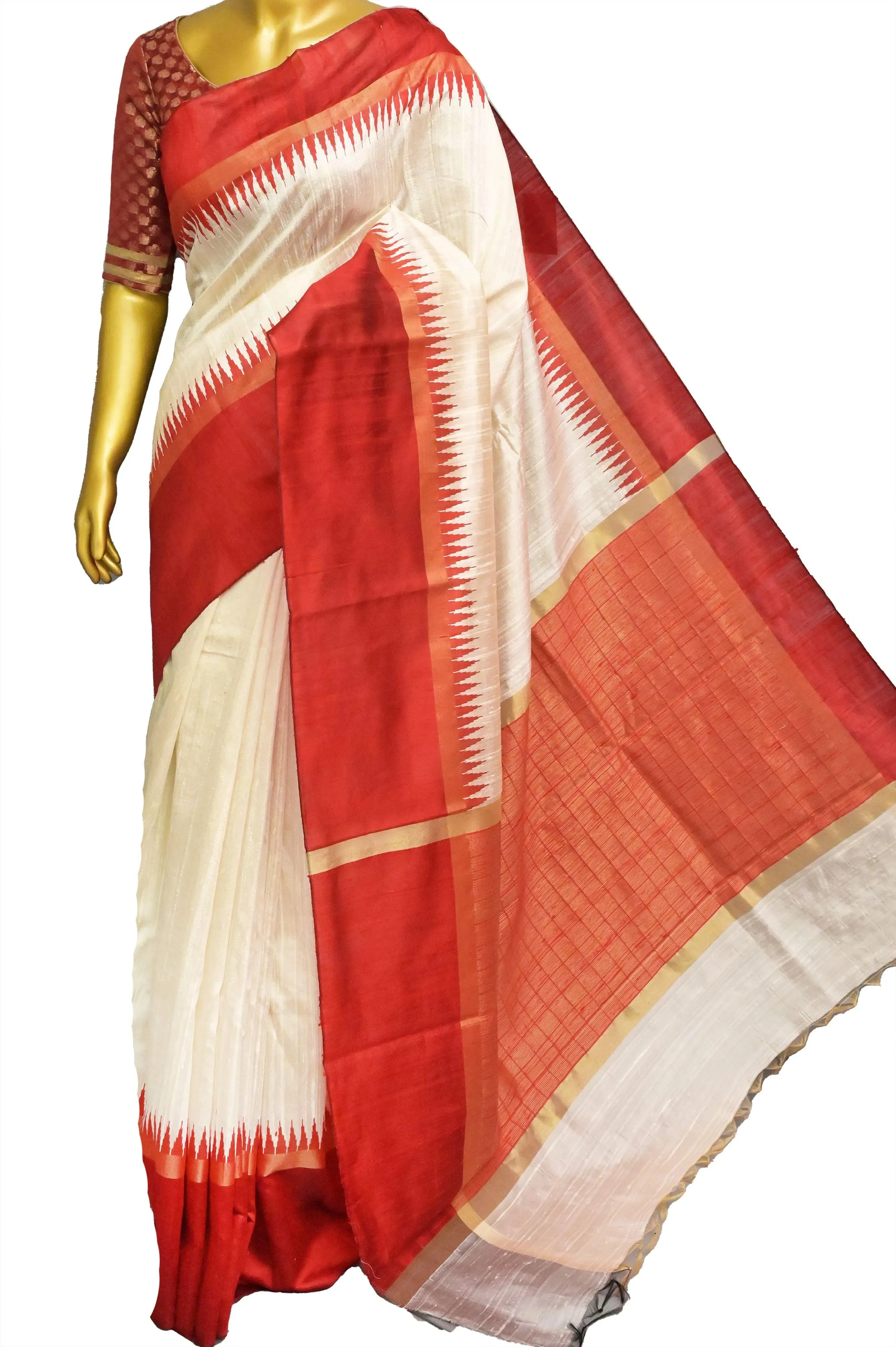 Offwhite and Red Color Pure Raw Silk Saree