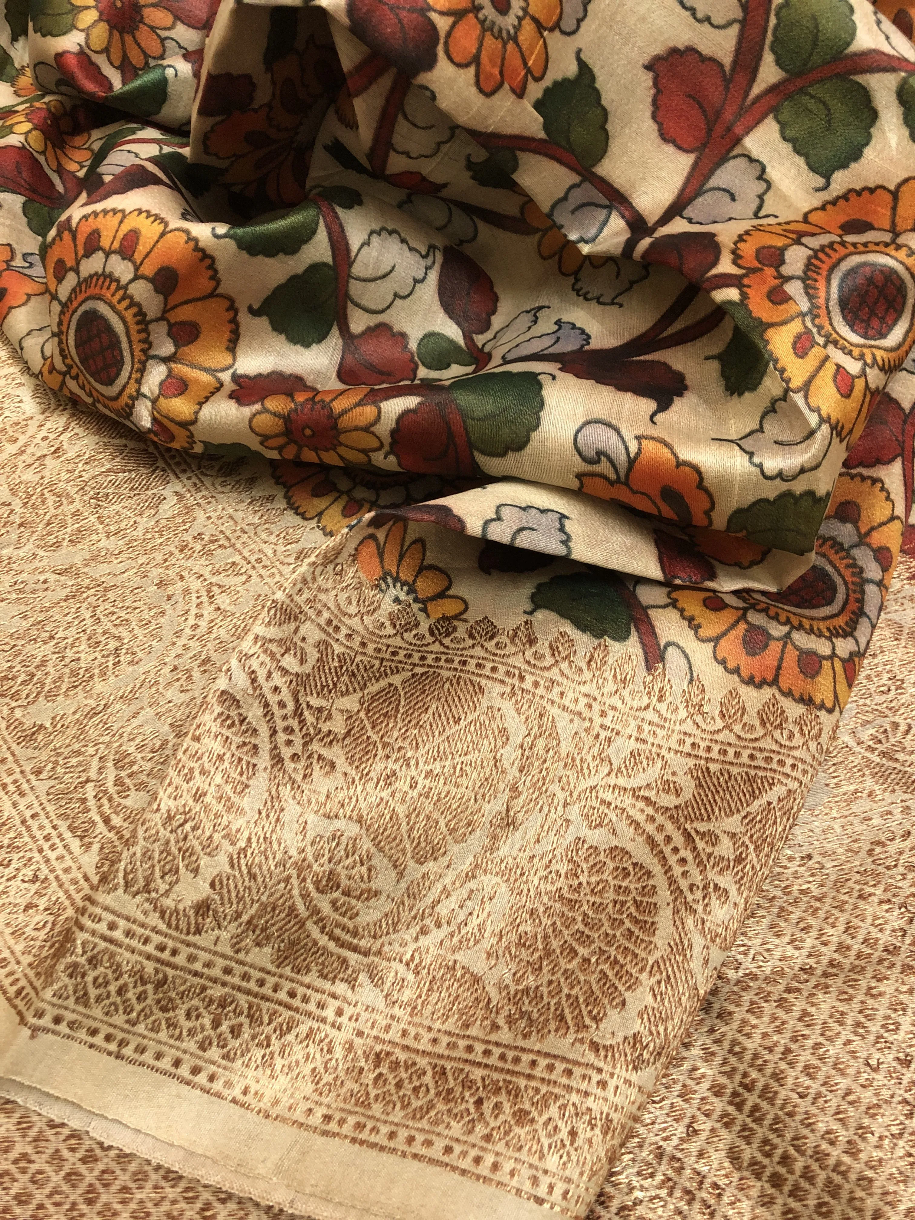 Offwhite Color Tussar Banarasi Saree with Kalamkari Print