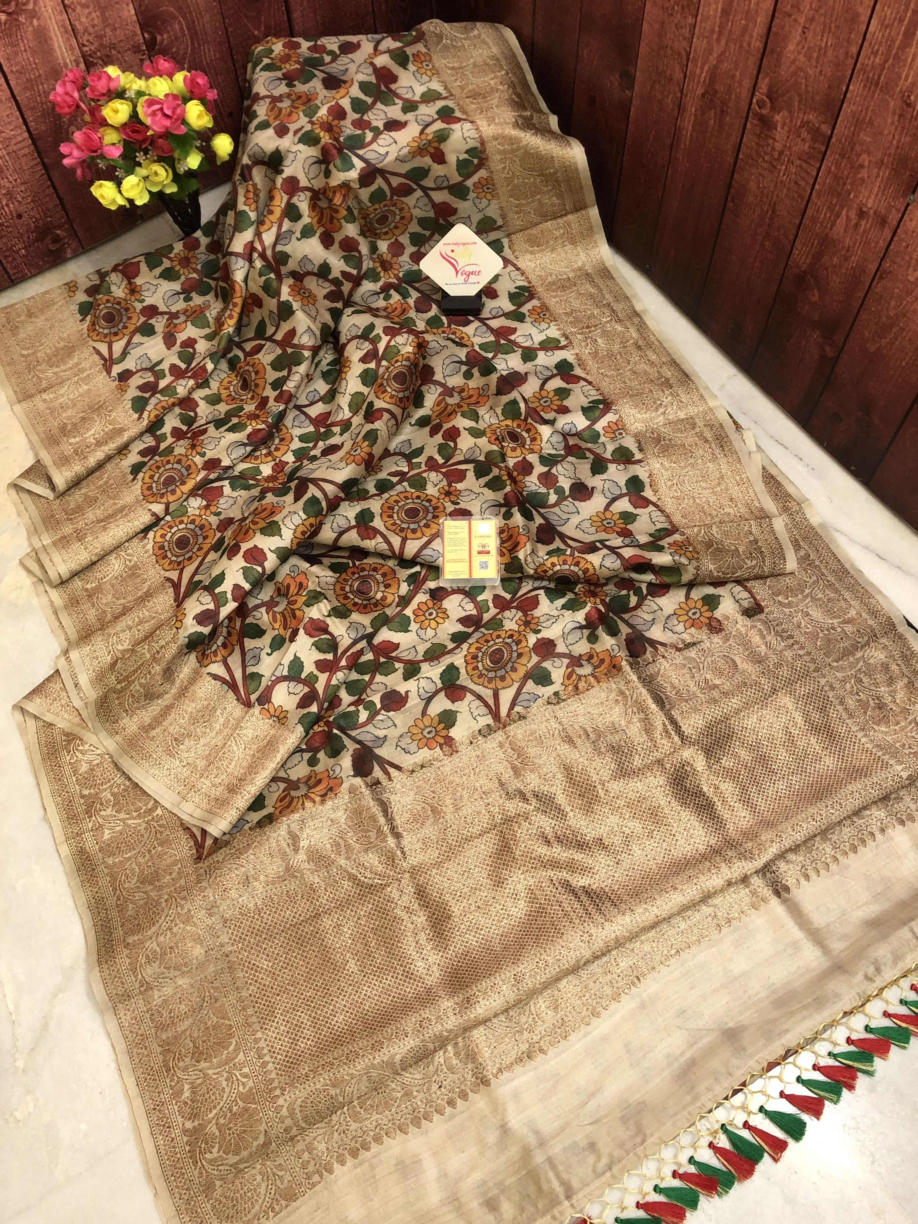 Offwhite Color Tussar Banarasi Saree with Kalamkari Print