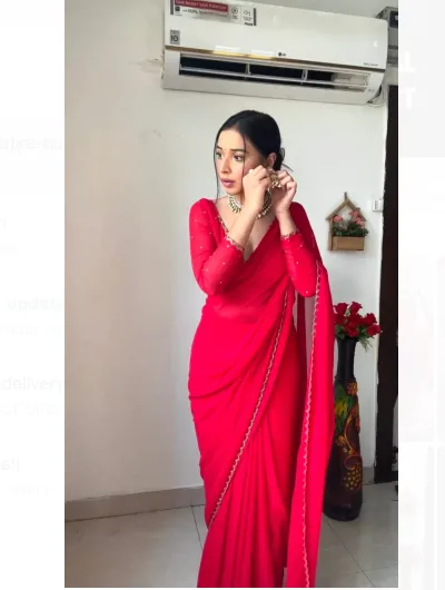 One Minute Saree Plain Red Ready to Wear Sari