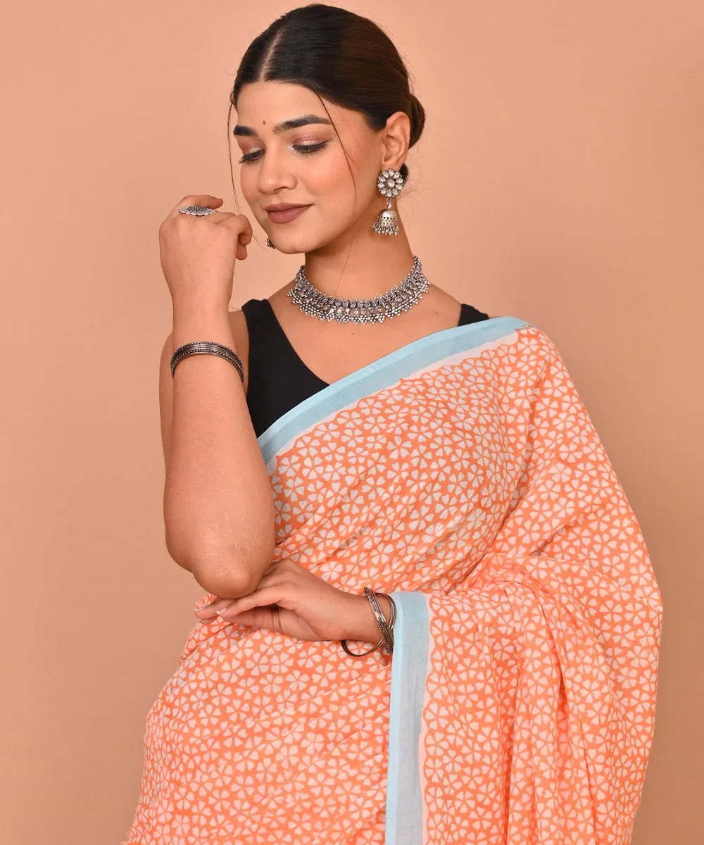 Orange offwhite cotton hand printed bagru saree