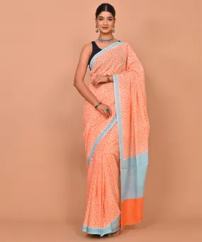 Orange offwhite cotton hand printed bagru saree