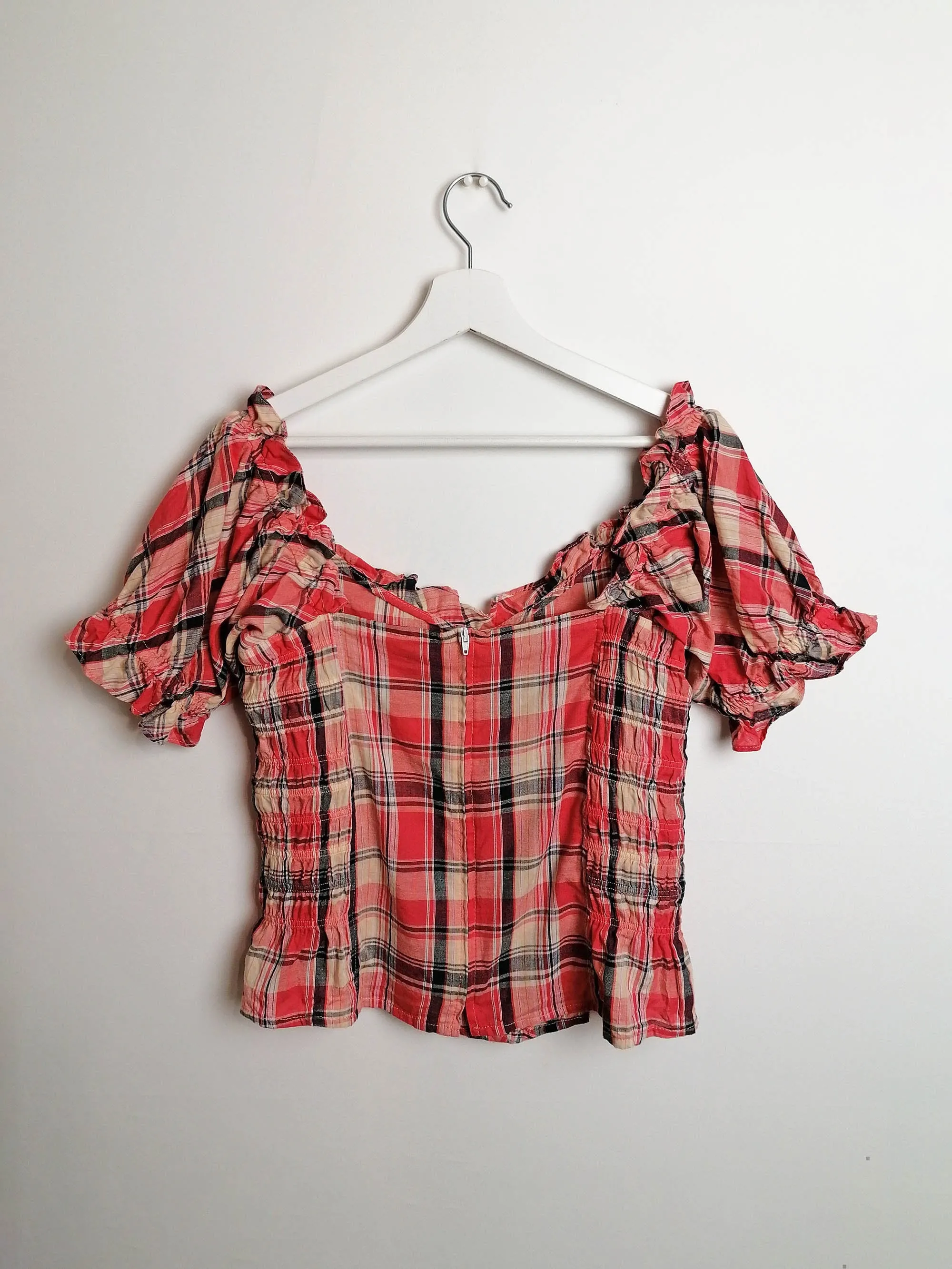 Peasant Style Puffy Blouse Plaid Check Pattern - size L