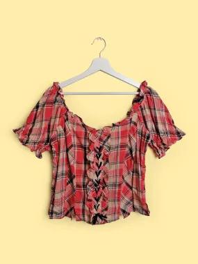 Peasant Style Puffy Blouse Plaid Check Pattern - size L