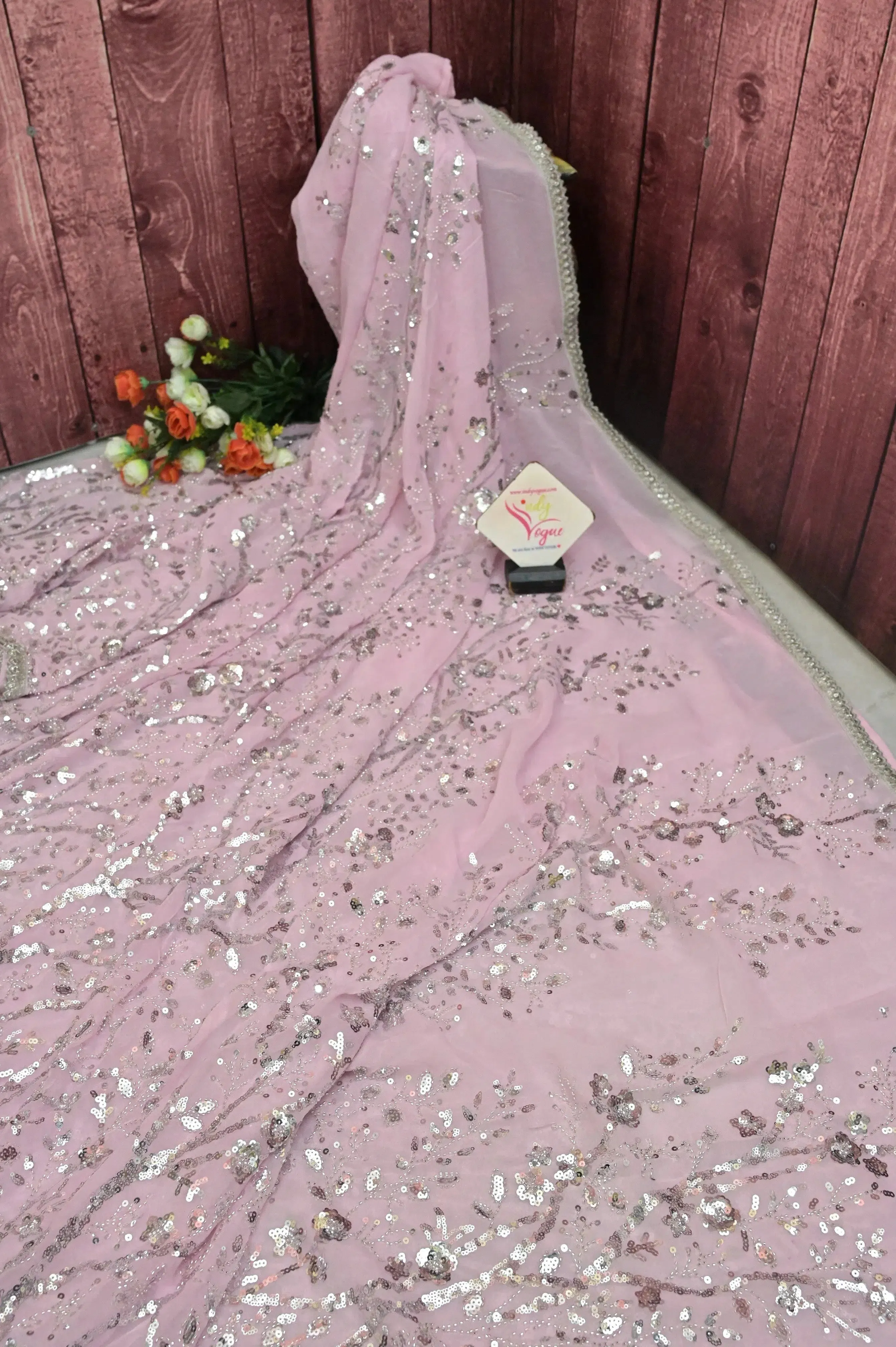 Pink Color Georgette Saree with Allover Sequin Work in Silver