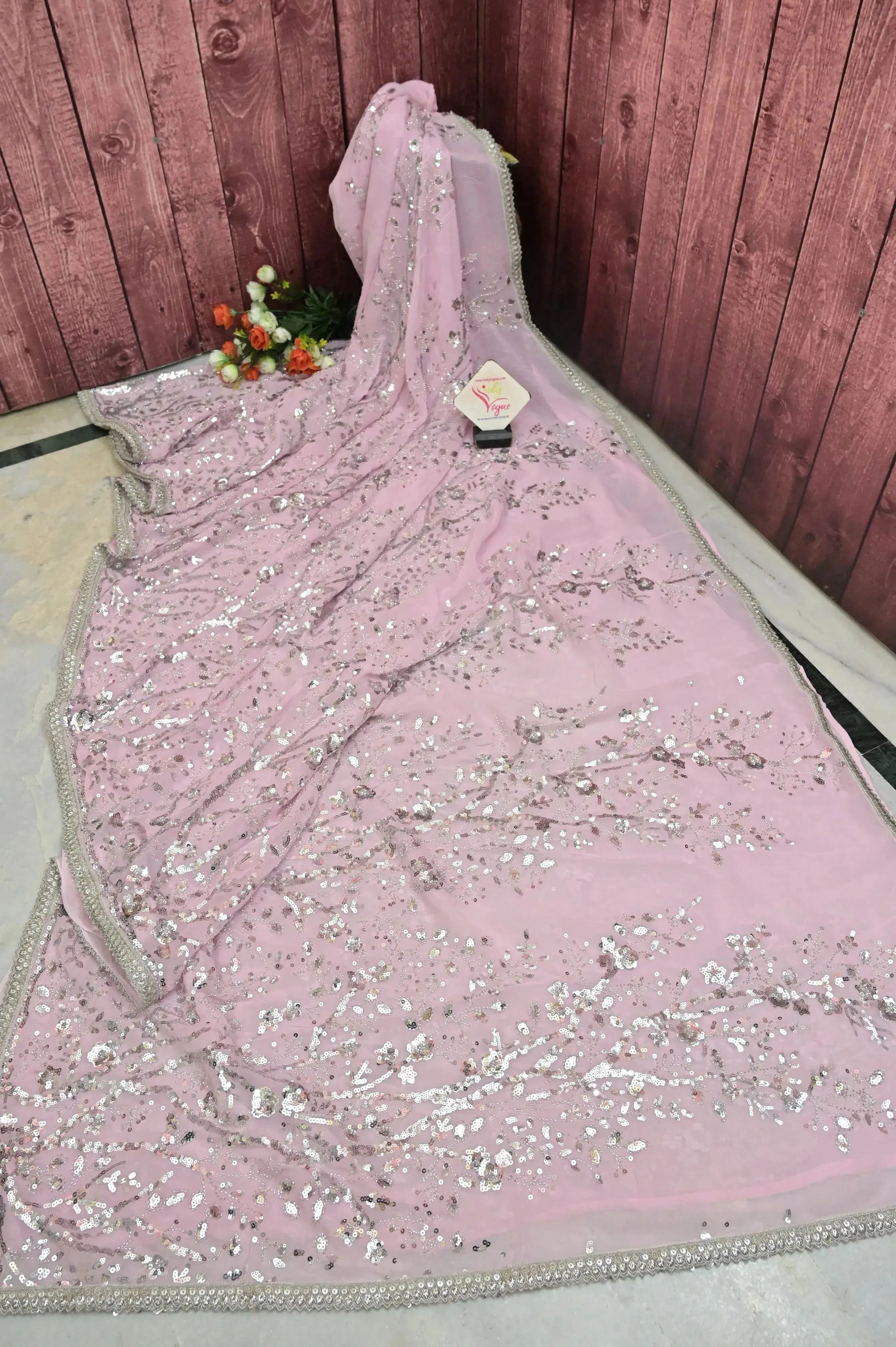 Pink Color Georgette Saree with Allover Sequin Work in Silver