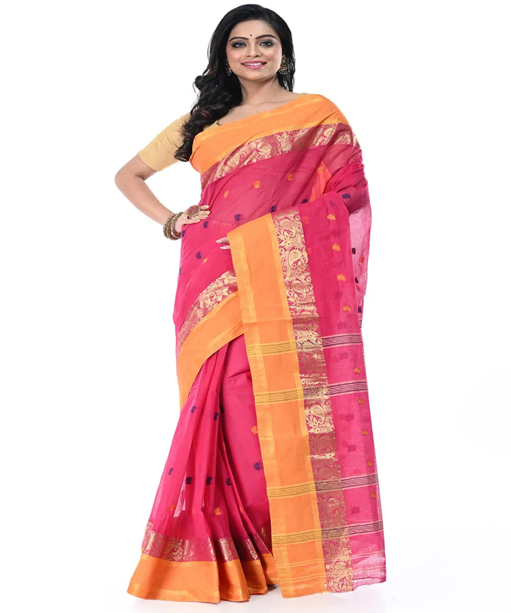 Pink cream handwoven cotton tangail saree